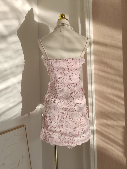 Sexy A Line Spaghetti Straps Pink Lace Vacation Dresses Short Birthday Outfits SD330