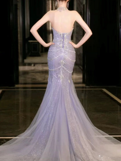 Pretty Mermaid Off The Shoulder Blue Tulle Silver Beads Long Prom Dresses Formal Evening Dress SD1399