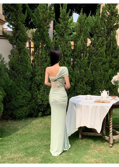 Elegant Pea Green Shoulder Satin Lace Mermaid Long Wedding Guest Dress Formal Evening Dress Prom Dress D2080