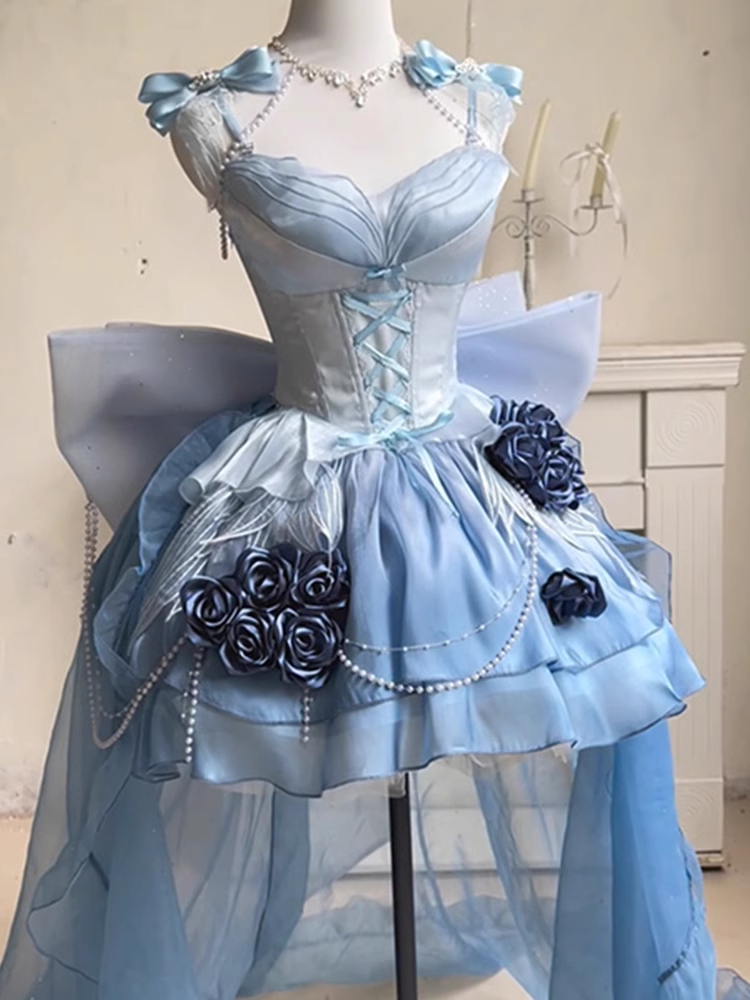 Cute Ball Gown Blue Satin Short Birthday Dresses Birthday Outfits SD583