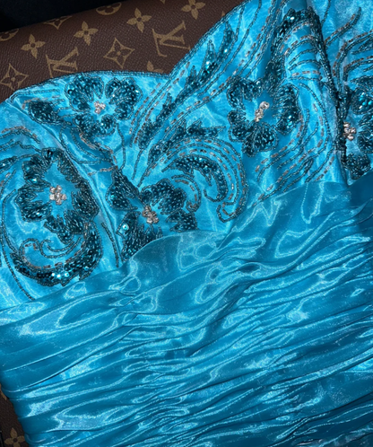 Elegant Strapless Satin Organza Beaded Mermaid Evening Dress Blue Long Party Gown D1428