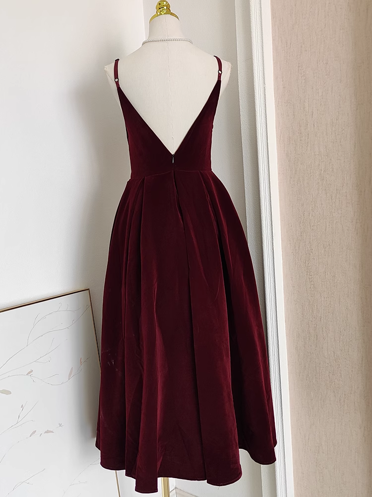 Simple A line Sleeveless Burgundy Velvet Party Dress Holiday Birthday Dresses For Women SD350