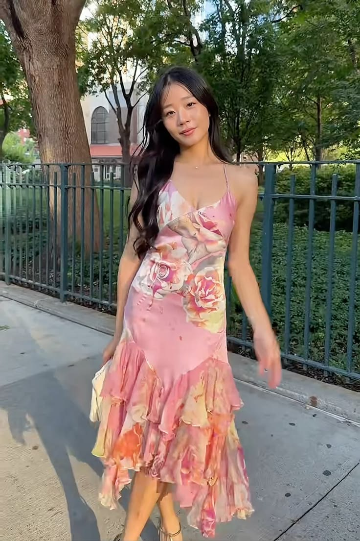 Classy Spaghetti Straps Satin Chiffon Print Floral Long Wedding Guest Dress Pink Long Party Dress D4358