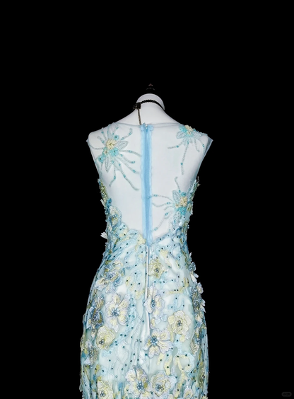 Classy Sleeveless Light Blue Tulle Appliques Mermaid Long Evening Dress Prom Dress D5388