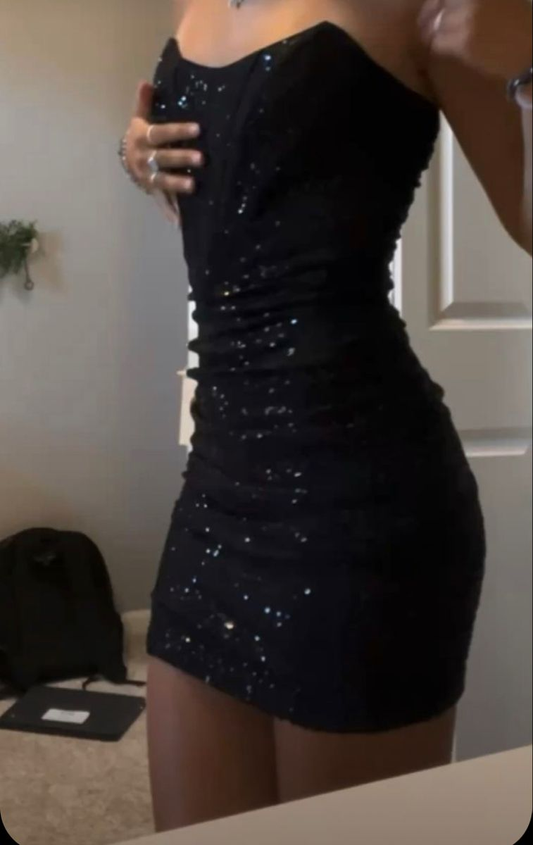 Sexy Black Strapless Sheath Sequin Short Birthday Dress Formal 9th Grade Homecoming Dress D2817