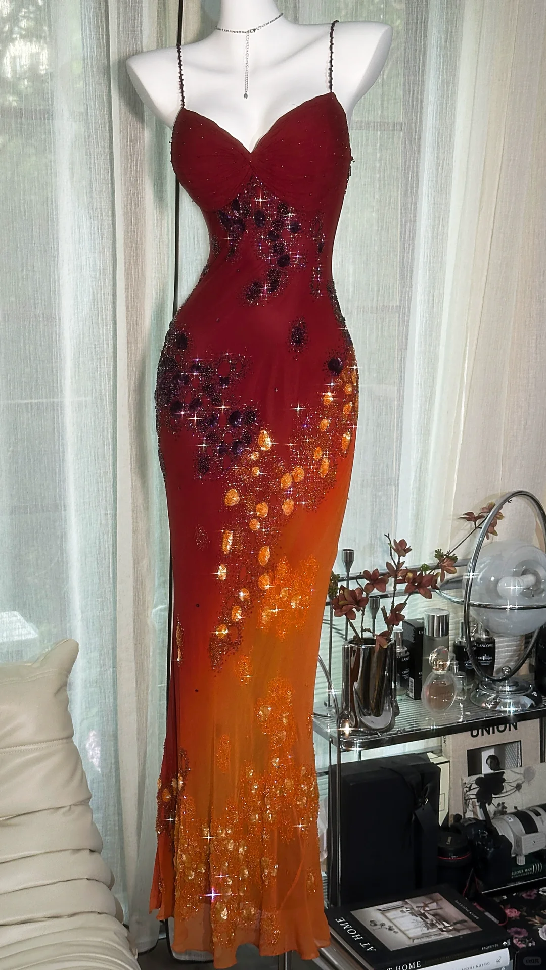 Vintage Spaghetti Straps Ombre Orange Chiffon Sequin Beaded Mermaid Long Party Dress Evening Gown D1313