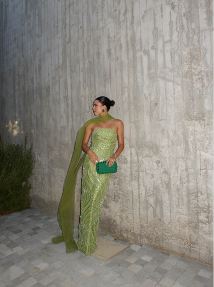 Gorgeous Strapless Apple Green Sequin Long Prom Dress Party Gown With Ribbon D832