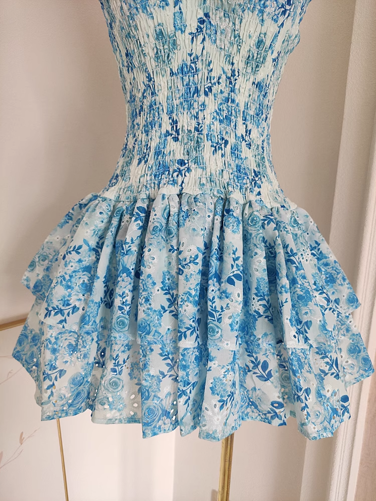 Cute A line Strapless Sleeveless Blue Floral Party Dress Short Birthday Outfits SD380