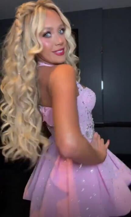 Pretty Pink Halter Satin Sequin Beaded Short Homecoming Dress Short Birthday Party Dress D4311