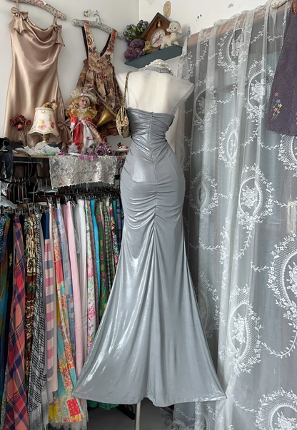 Sexy Silver Gray Halter V Neck Mermaid Long Evening Dress Party Gown D2883