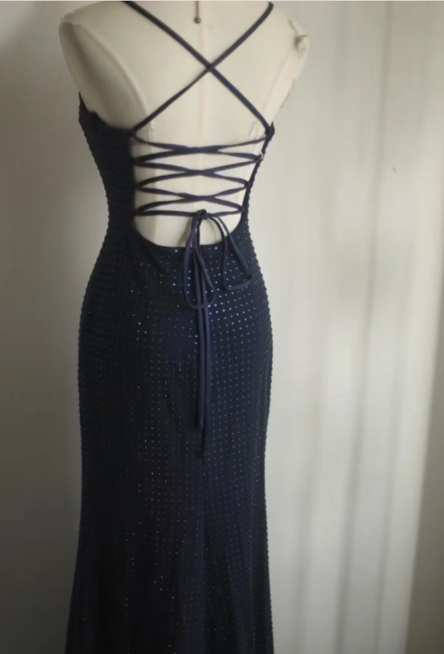 Classy Spaghetti Straps Navy Blue Beaded Mermaid Long Evening Dress Formal Wedding Guest Dress D2197