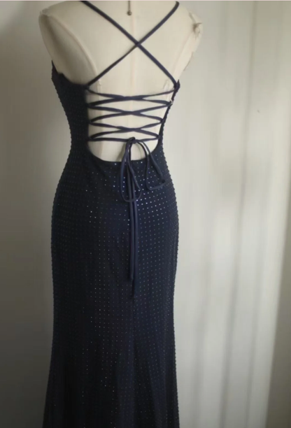 Classy Spaghetti Straps Navy Blue Beaded Mermaid Long Evening Dress Formal Wedding Guest Dress D2197