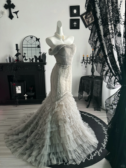Classic Gray Tulle Pleated Layered Mermaid Evening Dress,Off The Shoulder Prom Gown D3708