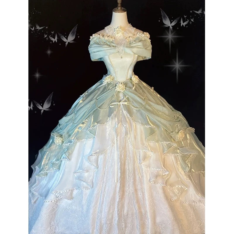 Pretty Ball Gown Sweetheart Satin Short Sleeves Long Evening Gown Prom Dresses SD1433