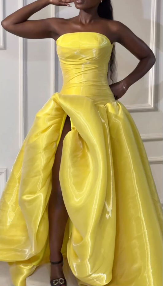 Classy Yellow Satin Slit Long Evening Dress Strapless Long Wedding Guest Dress D4587
