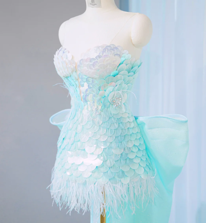 Charming Baby Blue Sequin Short Party Dress Birthday Dress With Bow S309