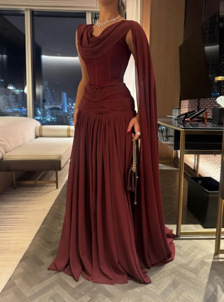 Classy Burgundy Chiffon Slit Mermaid Long Wedding Guest Dress Birthday Evening Dress D1949