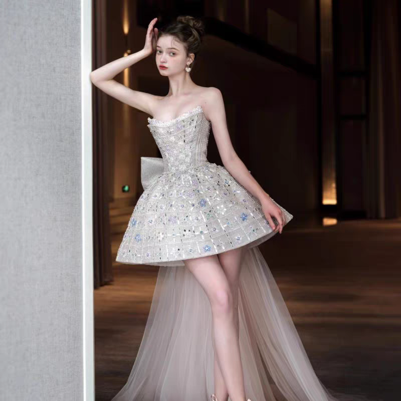 Glitter Strapless Tulle Beaded Mini Birthday Dress Pink Homecoming Dress With Bow S257