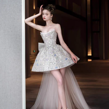 Glitter Strapless Tulle Beaded Mini Birthday Dress Pink Homecoming Dress With Bow S257