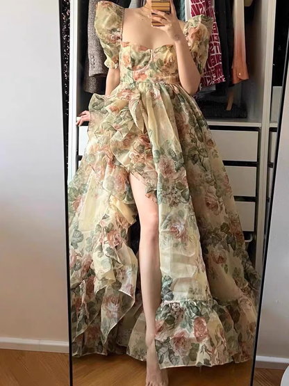 Chic Princess Square Neckline Floral Green Long Ruffles Prom Dresses Birthday Dress SD578