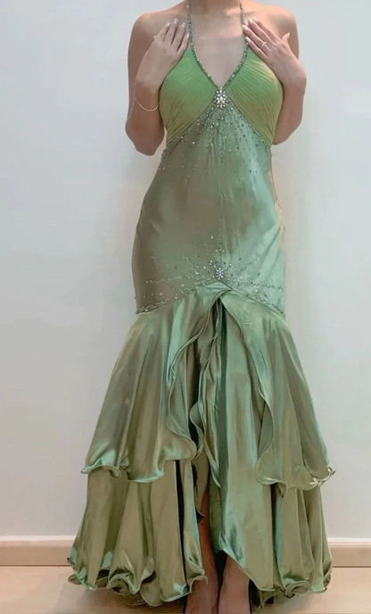 Vintage Sage Green Halter V Neck Satin Beaded Mermaid Prom Dress Long Evening Dress D1283