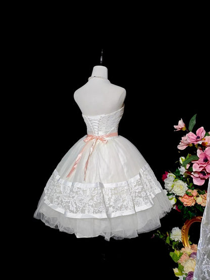 Sweet Strapless Lace Tulle Short Birthday Outfits,White Short 9th Grade Homecoming Dress D3164