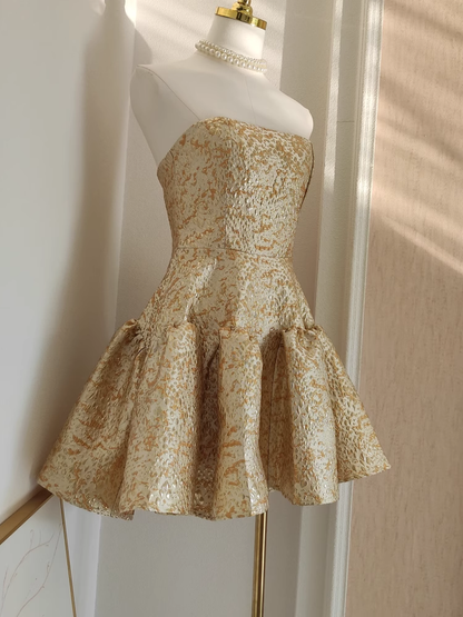 Cute Ball Gown Strapless Travel Vacation Dresses Short Satin Gold Birthday Dress SD321