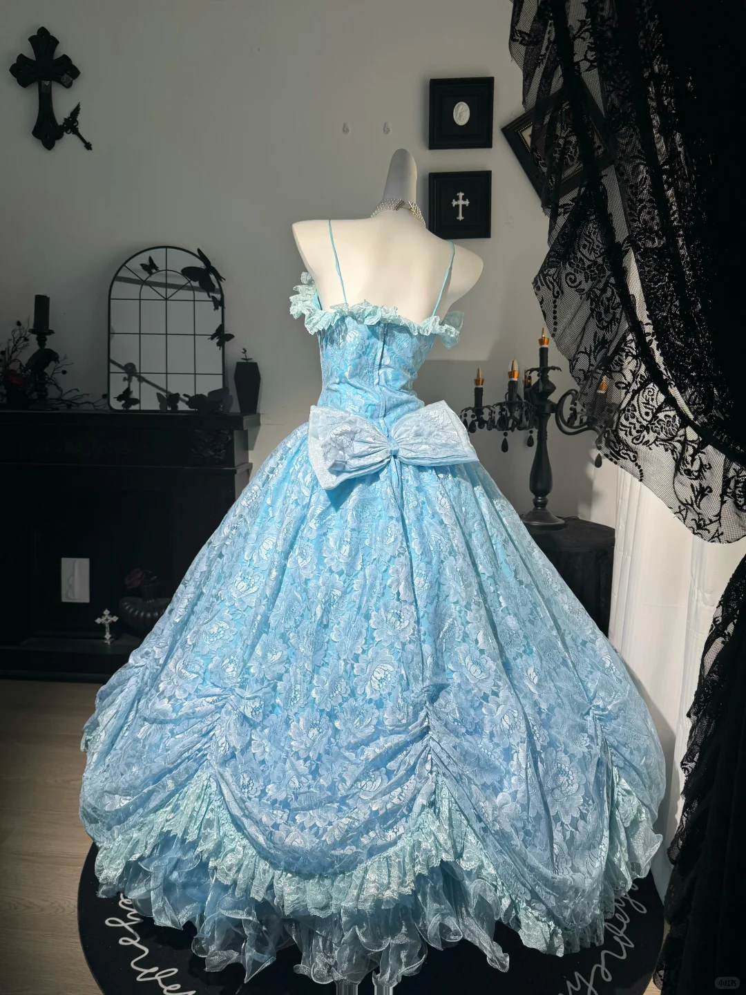 Sweet Blue Ball Gown,Spaghetti Straps Tulle Lace Floral Birthday Quinceanera Dress With Bow D3735