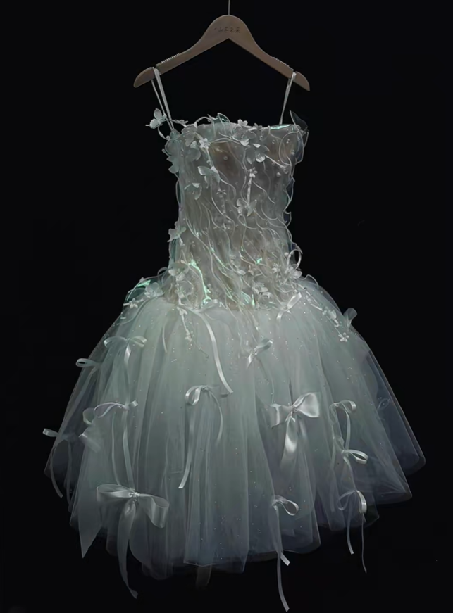 Glamorous Strapless White Tulle Appliques A Line Short Homecoming Dress Birthday Outfits With Bow D5170