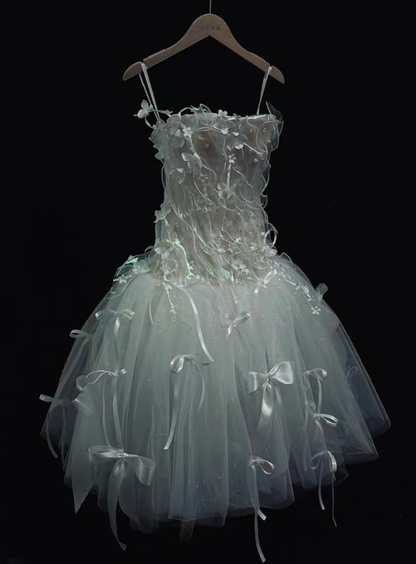 Glamorous Strapless White Tulle Appliques A Line Short Homecoming Dress Birthday Outfits With Bow D5170