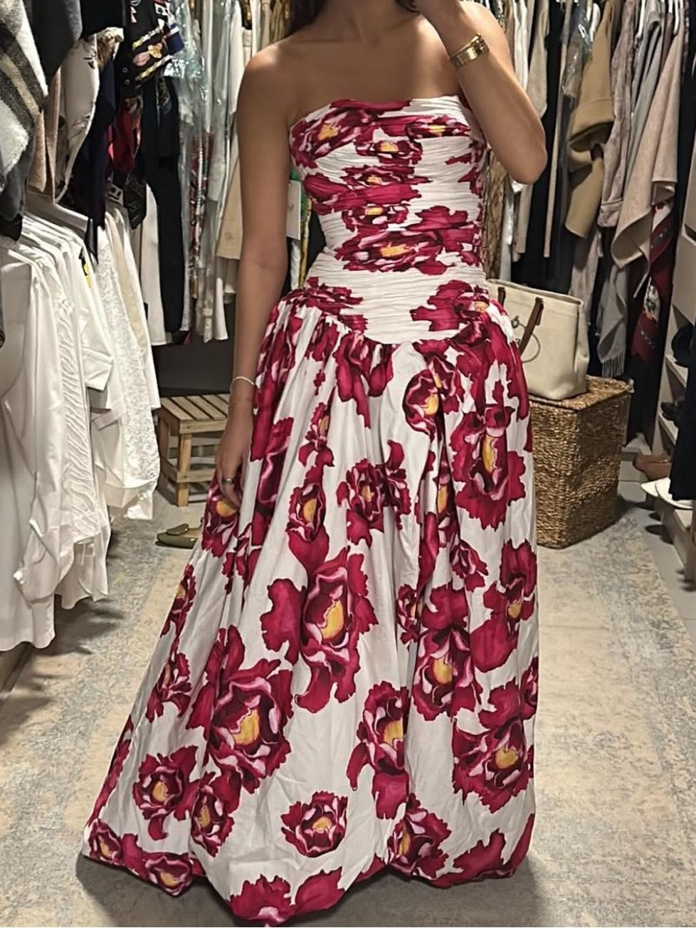 Charming Pink Strapless Satin Pleated Printed Floral Long Prom Dress Birthday Evening Dress D4783