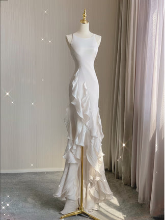 Niulatu Mermaid Scoop Satin Night Party Dress White Long Prom Dresses SD1524 main image 0