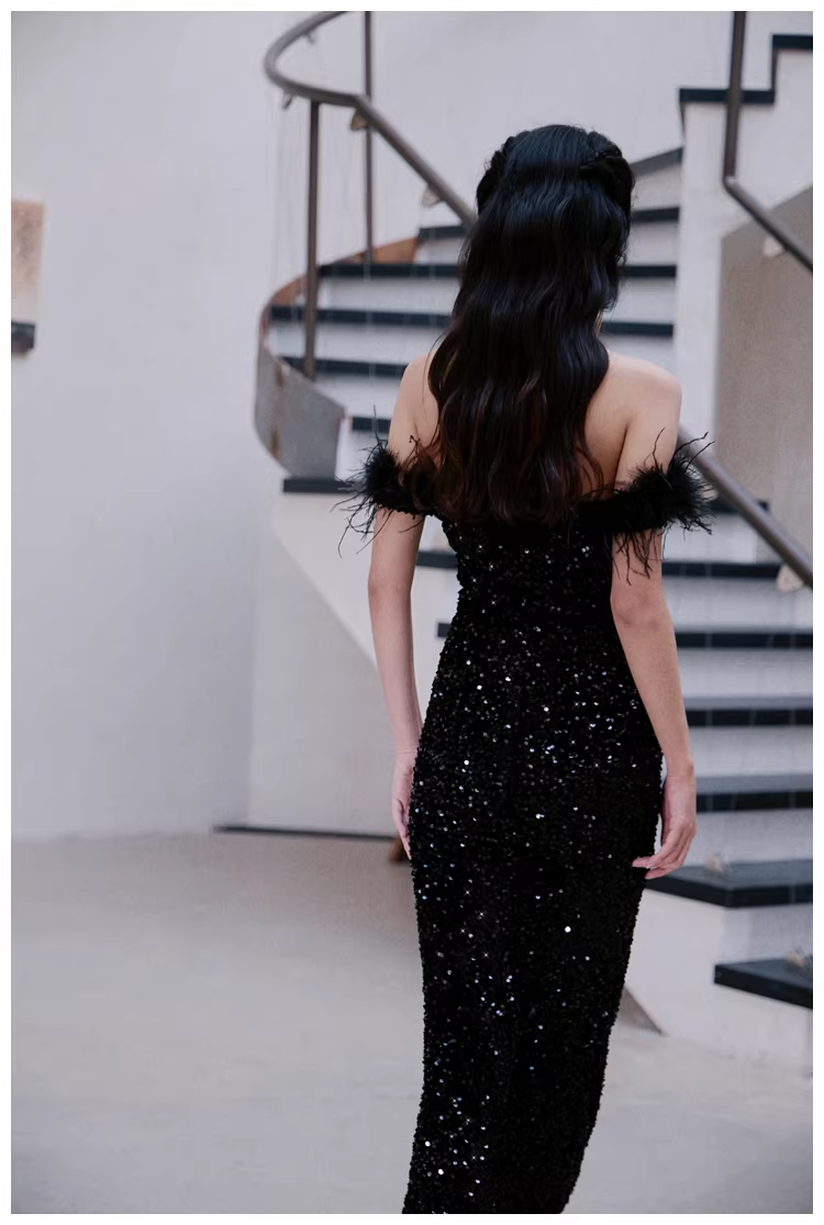 Glamorous Feathers Strapless Black Sequin Slit Mermaid Evening Dress Long Birthday Party Dress D2455
