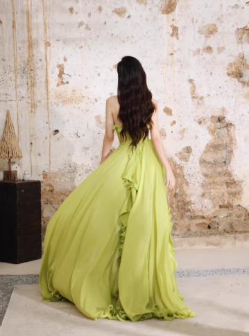 Pretty Green Strapless Chiffon Ruffled Long Evening Dress Birthday Dress D2402
