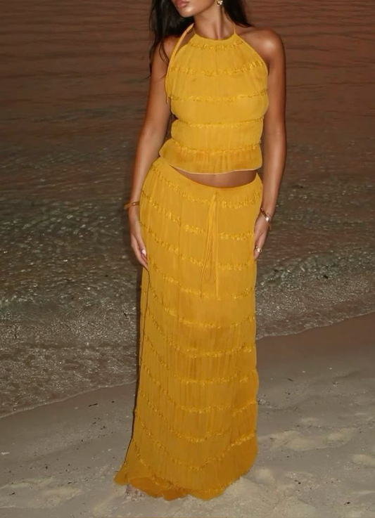 Sexy Halter Chiffon Backless Party Dress,Orange Long Vacation Dresses Two Piece S185