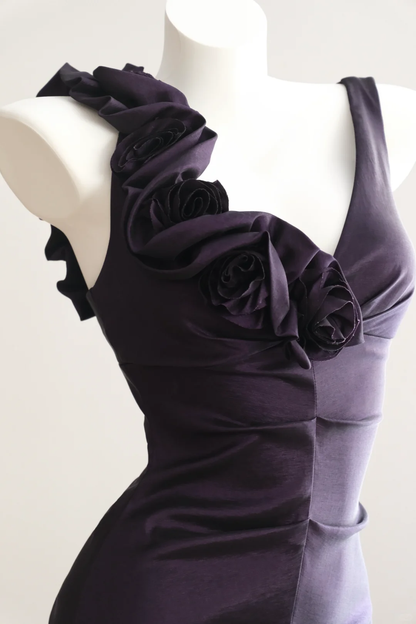 Elegant Sleeveless Satin Sheath Over-the-knee Party Dress Purple Birthday Dress D2722