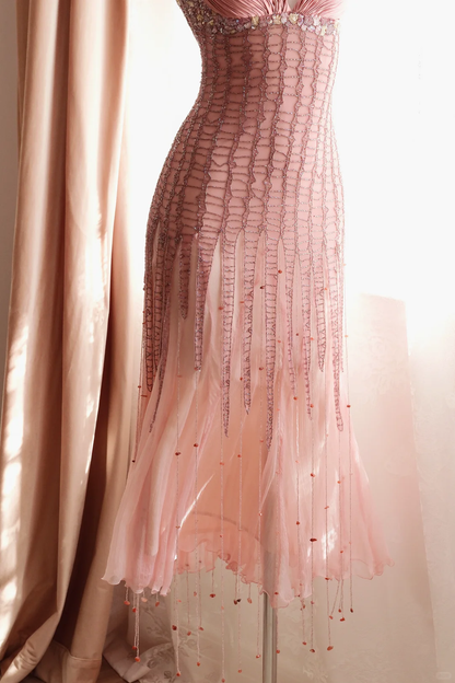Vintage Peach Pink Chiffon Mermaid Long Party Dress Spaghetti Straps Prom Gown D2714