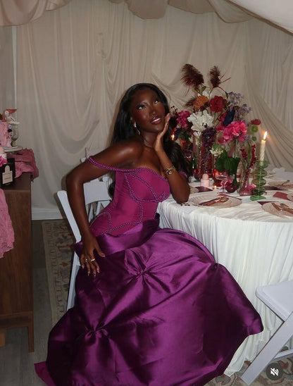 Gorgeous Spaghetti Straps Satin Beaded Fuchsia Long Prom Dress Evening Gown D4594