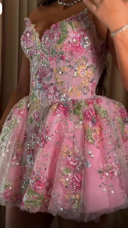 Charming Strapless Tulle Sequin Floral Short 15th Birthday Outfits,Pink Short Homecoming Dress D4308