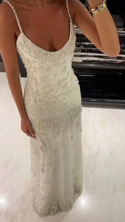 Elegant Spaghetti Straps Satin Tulle Beaded Long Party Dress Evening Dress D1365