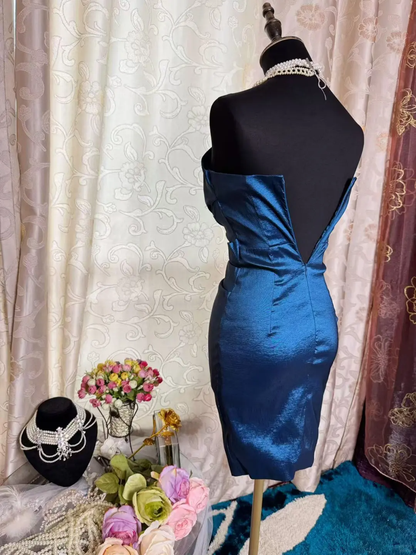Vintage Strapless Blue Satin Sheath Homecoming Dress Cocktail Dress D1826