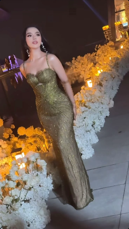 Sparkling Spaghetti Straps Tulle Sequin Beaded Long Evening Dress Green Mermaid Long Prom Dress D4858