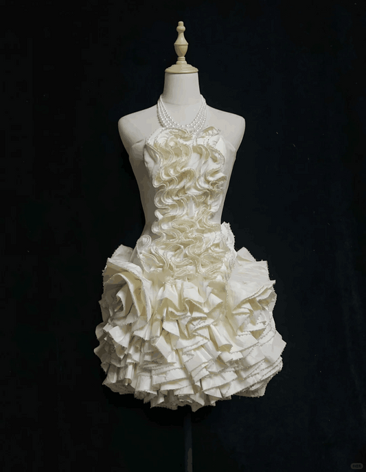 Elegant Off White Satin Ruffle Beaded A Line Short 9th Grade Homecoming Dress,Strapless Short Birthday Outfits D3377