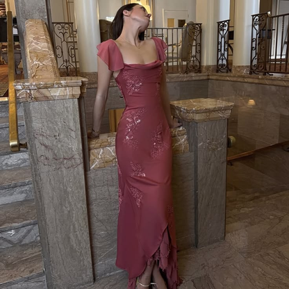 Pretty Square Neck Chiffon Beaded Long Party Dress Burgundy Mermaid Evening Gown D5118