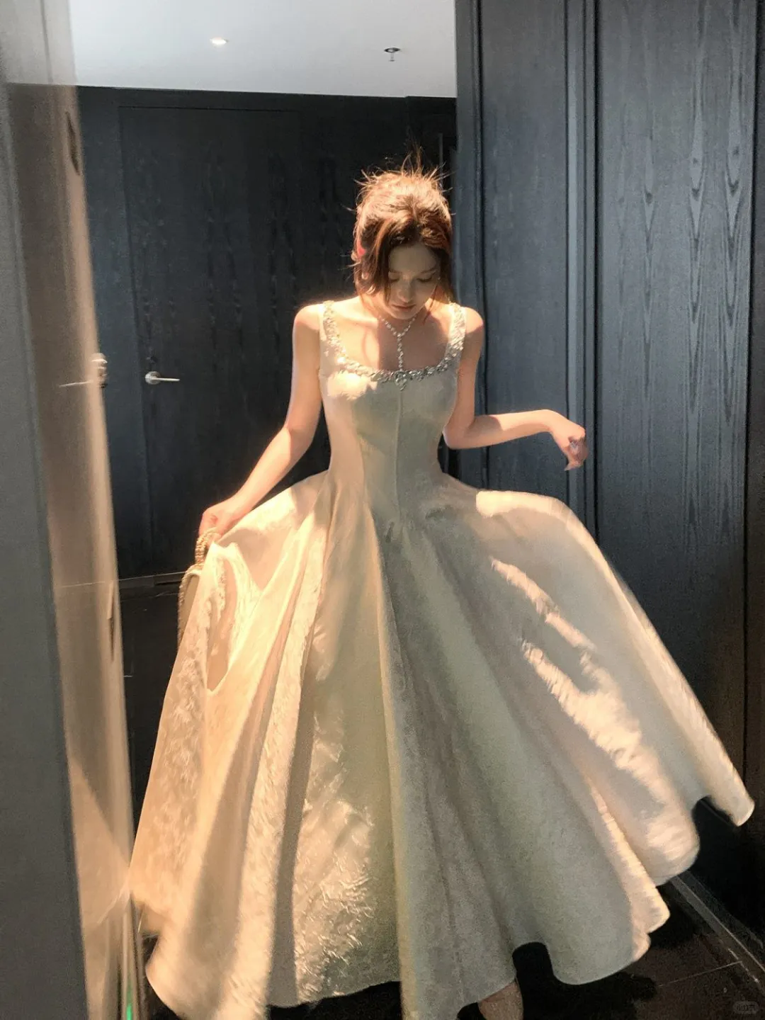 Pretty Spaghetti Straps White Beaded Satin Print Floral A Line Long Wedding Guest Dress Formal Evening Dress D2494