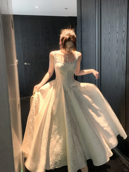 Pretty Spaghetti Straps White Beaded Satin Print Floral A Line Long Wedding Guest Dress Formal Evening Dress D2494