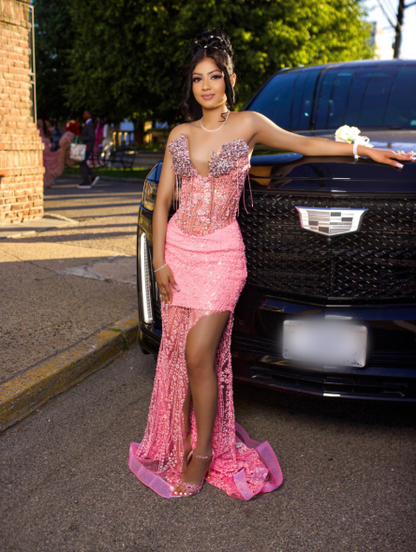 Gorgeous Pink Sweetheart Neck Tulle Beaded Slit Mermaid Long Party Dress Evening Dress D2972