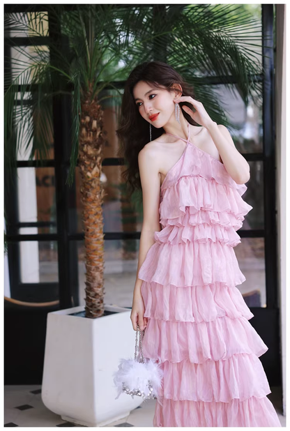 Pretty Pink Halter Chiffon Ruffle Layered Slit Long Birthday Prom Dress Evening Gown D2456