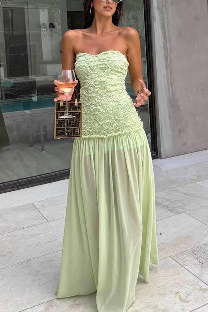 Elegant Light Green Tulle Ruched Floral Chiffon A Line Long Prom Dress Party Gown D3442