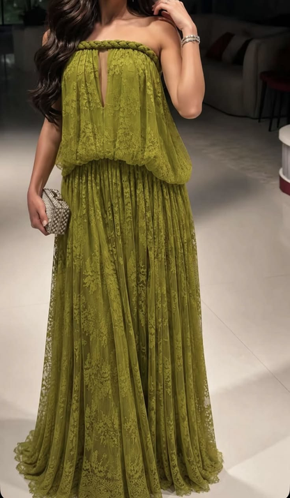Classy Strapless Olive Green Lace A Line Long Party Dress Prom Dresses D4928